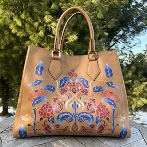 A Bellucci Italian Leather Structured Tote Tan Floral Scrollwork Handbag Boho